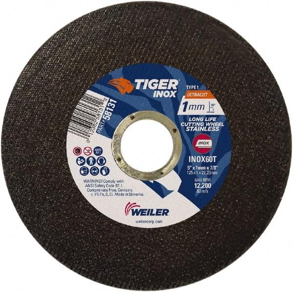 Weiler - 5" 60 Grit Aluminum Oxide Cutoff Wheel - 0.0393" Thick, 7/8" Arbor, 12,200 Max RPM, Use with Angle Grinders - A1 Tooling