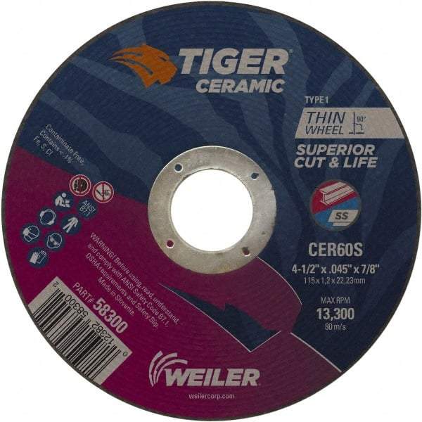 Weiler - 4-1/2" 60 Grit Ceramic Cutoff Wheel - 0.045" Thick, 7/8" Arbor, 13,300 Max RPM, Use with Angle Grinders - A1 Tooling