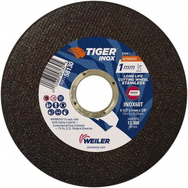 Weiler - 4-1/2" 60 Grit Aluminum Oxide Cutoff Wheel - 0.0393" Thick, 7/8" Arbor, 13,300 Max RPM, Use with Angle Grinders - A1 Tooling