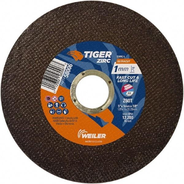 Weiler - 5" 60 Grit Zirconia Alumina Cutoff Wheel - 0.0393" Thick, 7/8" Arbor, 12,200 Max RPM, Use with Angle Grinders - A1 Tooling