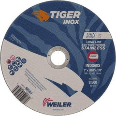 Weiler - 7" 60 Grit Aluminum Oxide Cutoff Wheel - 0.045" Thick, 7/8" Arbor, 8,500 Max RPM, Use with Angle Grinders - A1 Tooling