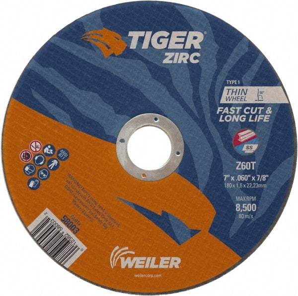 Weiler - 7" 60 Grit Zirconia Alumina Cutoff Wheel - 0.06" Thick, 7/8" Arbor, 8,500 Max RPM, Use with Angle Grinders - A1 Tooling