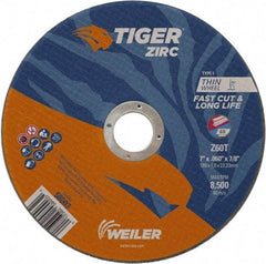 Weiler - 7" 60 Grit Zirconia Alumina Cutoff Wheel - 0.06" Thick, 7/8" Arbor, 8,500 Max RPM, Use with Angle Grinders - A1 Tooling