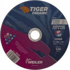 Weiler - 7" 60 Grit Ceramic Cutoff Wheel - 0.06" Thick, 7/8" Arbor, 8,500 Max RPM, Use with Angle Grinders - A1 Tooling