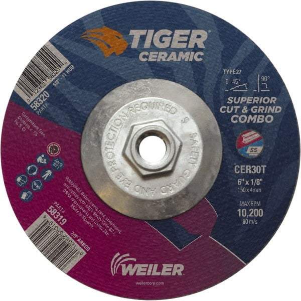 Weiler - 30 Grit, 6" Wheel Diam, Type 27 Depressed Center Wheel - Hard Grade, Ceramic, T Hardness, 10,200 Max RPM - A1 Tooling