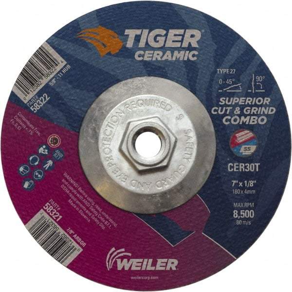 Weiler - 30 Grit, 7" Wheel Diam, Type 27 Depressed Center Wheel - Hard Grade, Ceramic, T Hardness, 8,500 Max RPM - A1 Tooling