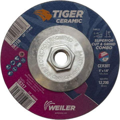 Weiler - 30 Grit, 5" Wheel Diam, Type 27 Depressed Center Wheel - Hard Grade, Ceramic, T Hardness, 12,200 Max RPM - A1 Tooling