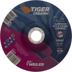 Weiler - 30 Grit, 6" Wheel Diam, 7/8" Arbor Hole, Type 27 Depressed Center Wheel - Hard Grade, Ceramic, T Hardness, 10,200 Max RPM - A1 Tooling