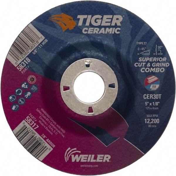 Weiler - 30 Grit, 5" Wheel Diam, 7/8" Arbor Hole, Type 27 Depressed Center Wheel - Hard Grade, Ceramic, T Hardness, 12,200 Max RPM - A1 Tooling