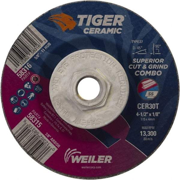 Weiler - 30 Grit, 4-1/2" Wheel Diam, Type 27 Depressed Center Wheel - Hard Grade, Ceramic, T Hardness, 13,300 Max RPM - A1 Tooling