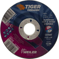 Weiler - 30 Grit, 4-1/2" Wheel Diam, 7/8" Arbor Hole, Type 27 Depressed Center Wheel - Hard Grade, Ceramic, T Hardness, 13,300 Max RPM - A1 Tooling