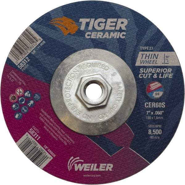 Weiler - 60 Grit, 7" Wheel Diam, Type 27 Depressed Center Wheel - Medium Grade, Ceramic, S Hardness, 8,500 Max RPM - A1 Tooling