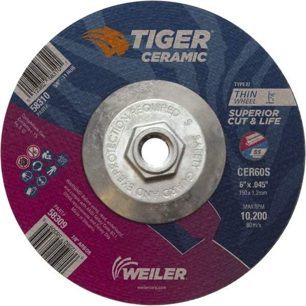 Weiler - 60 Grit, 6" Wheel Diam, Type 27 Depressed Center Wheel - Medium Grade, Ceramic, S Hardness, 10,200 Max RPM - A1 Tooling