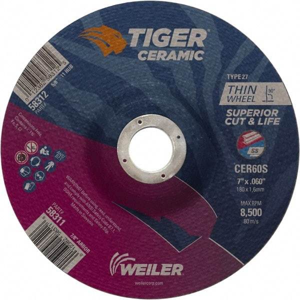 Weiler - 60 Grit, 7" Wheel Diam, 7/8" Arbor Hole, Type 27 Depressed Center Wheel - Medium Grade, Ceramic, S Hardness, 8,500 Max RPM - A1 Tooling