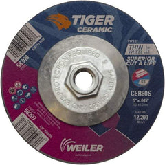 Weiler - 60 Grit, 5" Wheel Diam, Type 27 Depressed Center Wheel - Medium Grade, Ceramic, S Hardness, 12,200 Max RPM - A1 Tooling