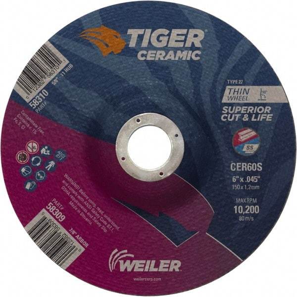 Weiler - 60 Grit, 6" Wheel Diam, 7/8" Arbor Hole, Type 27 Depressed Center Wheel - Medium Grade, Ceramic, S Hardness, 10,200 Max RPM - A1 Tooling