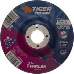 Weiler - 60 Grit, 5" Wheel Diam, 7/8" Arbor Hole, Type 27 Depressed Center Wheel - Medium Grade, Ceramic, S Hardness, 12,200 Max RPM - A1 Tooling