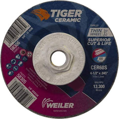 Weiler - 60 Grit, 4-1/2" Wheel Diam, Type 27 Depressed Center Wheel - Medium Grade, Ceramic, S Hardness, 13,300 Max RPM - A1 Tooling