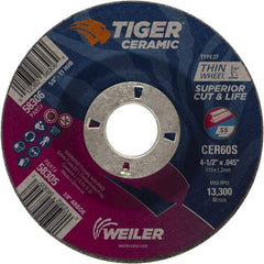 Weiler - 60 Grit, 4-1/2" Wheel Diam, 7/8" Arbor Hole, Type 27 Depressed Center Wheel - Medium Grade, Ceramic, S Hardness, 13,300 Max RPM - A1 Tooling