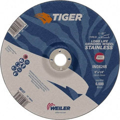 Weiler - 24 Grit, 9" Wheel Diam, 7/8" Arbor Hole, Type 27 Depressed Center Wheel - Medium Grade, Aluminum Oxide, R Hardness, 6,600 Max RPM - A1 Tooling