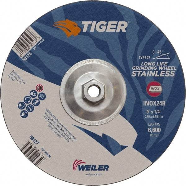 Weiler - 24 Grit, 9" Wheel Diam, Type 27 Depressed Center Wheel - Medium Grade, Aluminum Oxide, R Hardness, 6,600 Max RPM - A1 Tooling