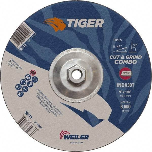 Weiler - 30 Grit, 9" Wheel Diam, Type 27 Depressed Center Wheel - Hard Grade, Aluminum Oxide, T Hardness, 6,600 Max RPM - A1 Tooling