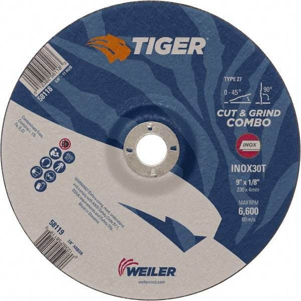 Weiler - 30 Grit, 9" Wheel Diam, 7/8" Arbor Hole, Type 27 Depressed Center Wheel - Hard Grade, Aluminum Oxide, T Hardness, 6,600 Max RPM - A1 Tooling