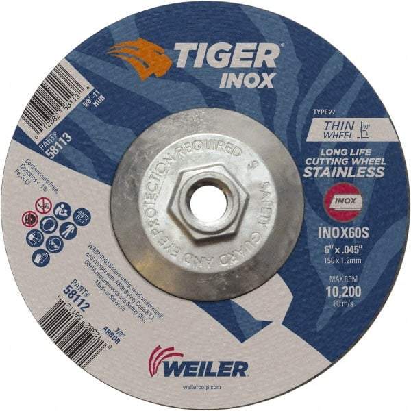 Weiler - 60 Grit, 6" Wheel Diam, Type 27 Depressed Center Wheel - Medium Grade, Aluminum Oxide, S Hardness, 10,200 Max RPM - A1 Tooling