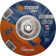 Weiler - 24 Grit, 7" Wheel Diam, Type 28 Depressed Center Wheel - Hard Grade, Zirconia Alumina, T Hardness, 8,500 Max RPM - A1 Tooling