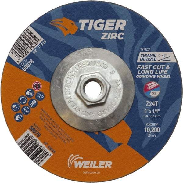 Weiler - 24 Grit, 6" Wheel Diam, Type 27 Depressed Center Wheel - Hard Grade, Zirconia Alumina, T Hardness, 10,200 Max RPM - A1 Tooling