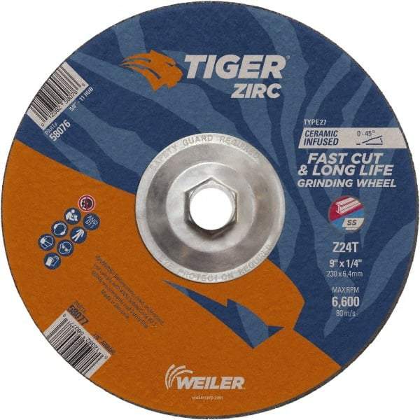 Weiler - 24 Grit, 9" Wheel Diam, Type 27 Depressed Center Wheel - Hard Grade, Zirconia Alumina, T Hardness, 6,600 Max RPM - A1 Tooling