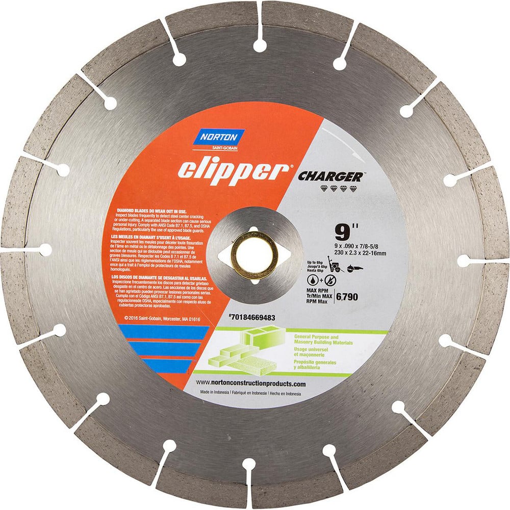 Wet & Dry Cut Saw Blade: 9″ Dia, 7/8 & 5/8″ Arbor Hole, 0.09″ Kerf Width, 16 Teeth High Speed Steel Teeth, Use on Masonry, Standard Arbor