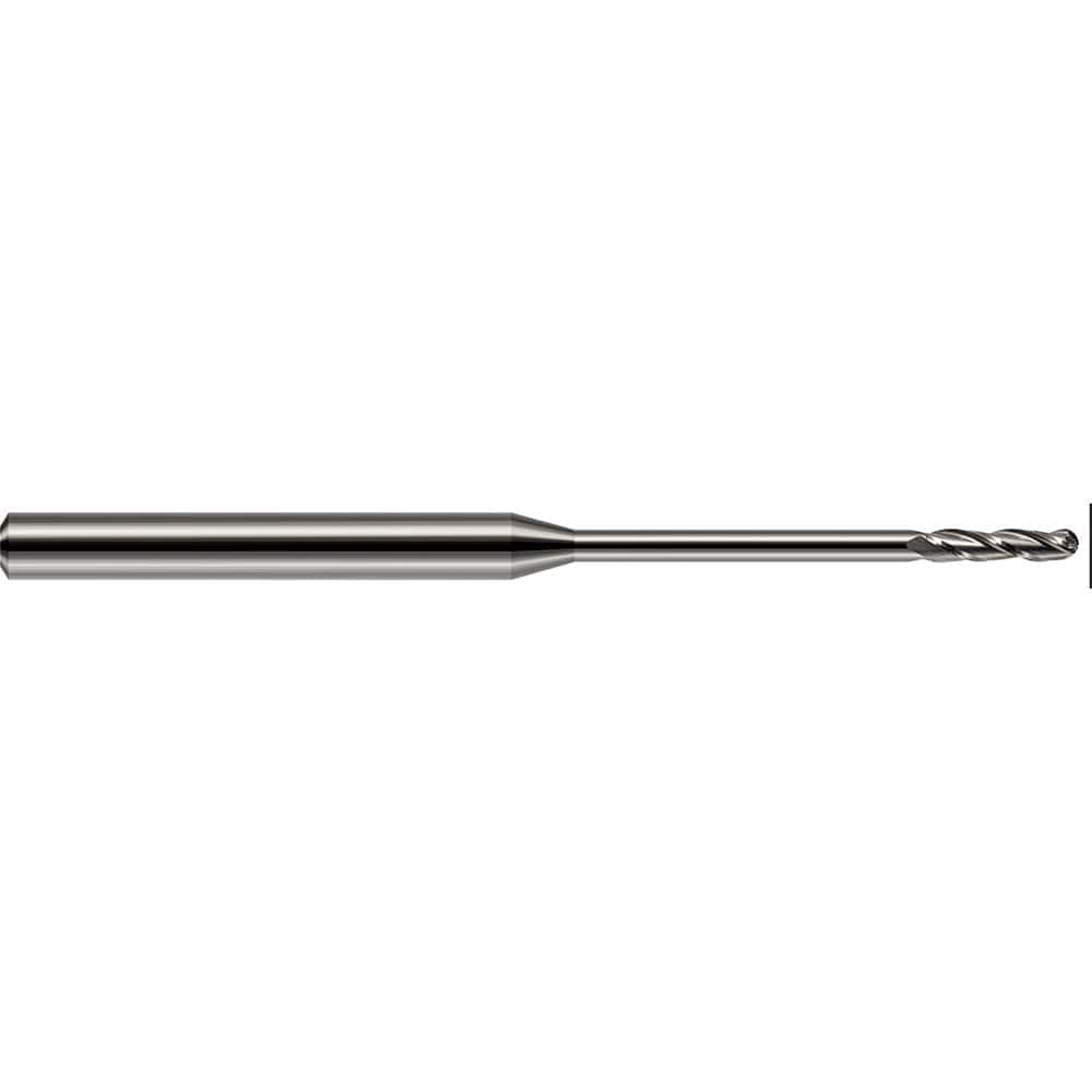 Ball End Mill: 0.062″ Dia, 0.5″ LOC, 3 Flute, Solid Carbide 2-1/2″ OAL, 1/8″ Shank Dia, 30 ° Helix, Uncoated, Single End