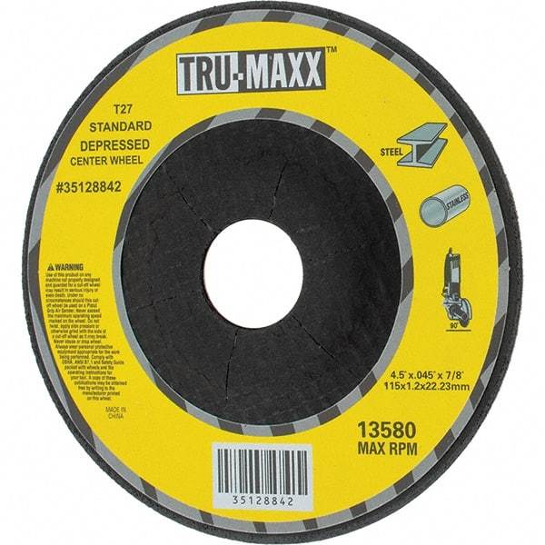 Tru-Maxx - 60 Grit, 4-1/2" Wheel Diam, 7/8" Arbor Hole, Type 27 Depressed Center Wheel - Medium Grade, Aluminum Oxide, R Hardness, Compatible with Angle Grinder - A1 Tooling