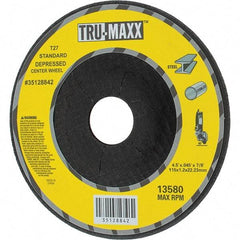 Tru-Maxx - 60 Grit, 4-1/2" Wheel Diam, 7/8" Arbor Hole, Type 27 Depressed Center Wheel - Medium Grade, Aluminum Oxide, R Hardness, Compatible with Angle Grinder - A1 Tooling