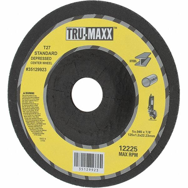 Tru-Maxx - 60 Grit, 5" Wheel Diam, 7/8" Arbor Hole, Type 27 Depressed Center Wheel - Medium Grade, Aluminum Oxide, R Hardness, Compatible with Angle Grinder - A1 Tooling