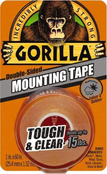 Gorilla Tape - 1" x 60" Acrylic Adhesive Double Sided Tape - 43 mil Thick, Clear, Polyethylene Film Liner, Continuous Roll - A1 Tooling