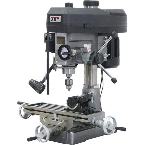 Jet - 1 Phase, 14-1/2" Swing, Step Pulley Mill Drill Combination - 23" Table Length x 7-1/2" Table Width, 14" Longitudinal Travel, 1 hp, 115/230 Volts - A1 Tooling