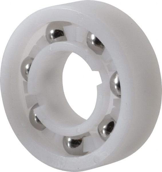 Made in USA - 5/8" Bore Diam, 1-3/8" OD, Open Plastic Race Radial Ball Bearing - 7/16" Wide, 1 Row, Round Bore, 46 Lb Static Capacity, 69 Lb Dynamic Capacity - A1 Tooling