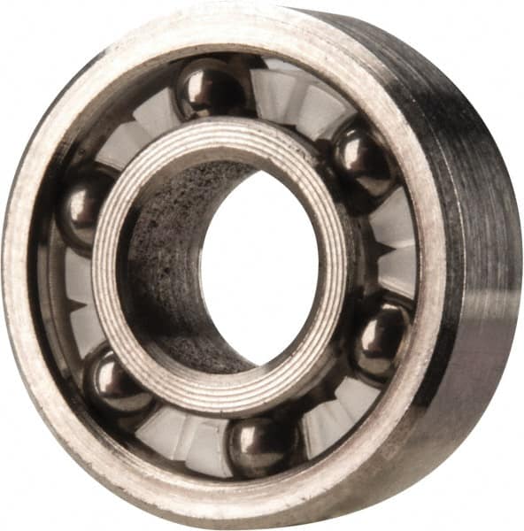 Made in USA - 1/4" Bore Diam, 5/8" OD, Open Precision Ground Radial Ball Bearing - 3/16" Wide, 1 Row, Round Bore, 51 Lb Static Capacity, 78 Lb Dynamic Capacity - A1 Tooling