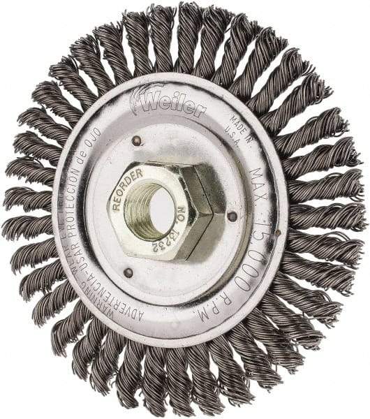 Weiler - 4-1/2" OD, 5/8" Arbor Hole, Knotted Steel Wheel Brush - 3/16" Face Width, 7/8" Trim Length, 0.02" Filament Diam, 12,500 RPM - A1 Tooling