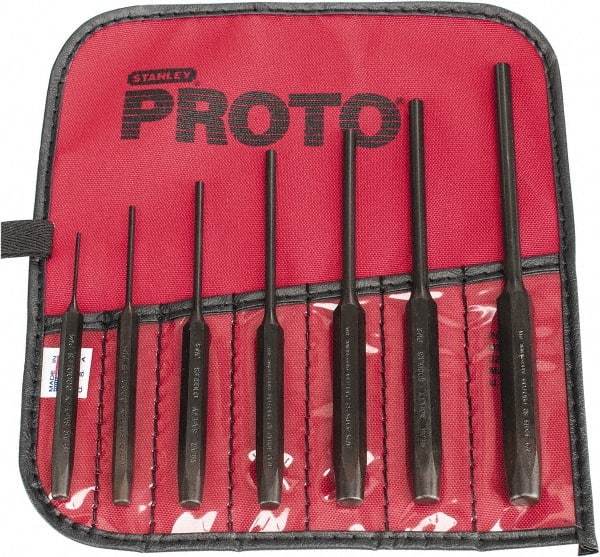 Proto - 7 Piece, 1/16 to 1/4", Pin Punch Set - Hex Shank, Steel, Comes in Tool Roll - A1 Tooling