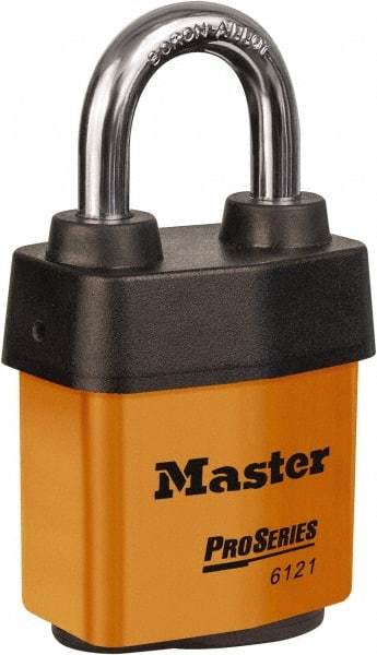 Master Lock - 1-1/8" Shackle Clearance, Keyed Different Padlock - 5/16" Shackle Diam, Laminated Steel - A1 Tooling