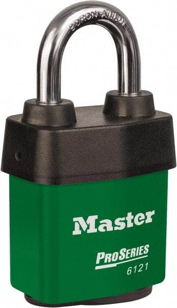 Master Lock - 1-1/8" Shackle Clearance, Keyed Different Padlock - 5/16" Shackle Diam, Laminated Steel - A1 Tooling