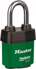 Master Lock - 1-1/2" Shackle Clearance, Keyed Different Padlock - 5/16" Shackle Diam, Laminated Steel - A1 Tooling