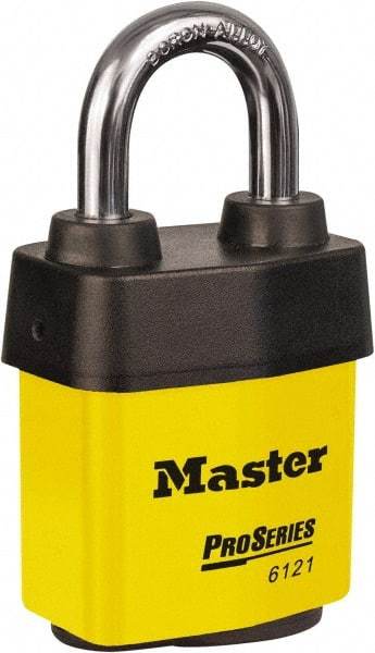 Master Lock - 1-1/8" Shackle Clearance, Keyed Different Padlock - 5/16" Shackle Diam, Laminated Steel - A1 Tooling