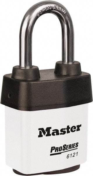 Master Lock - 1-1/2" Shackle Clearance, Keyed Different Padlock - 5/16" Shackle Diam, Laminated Steel - A1 Tooling