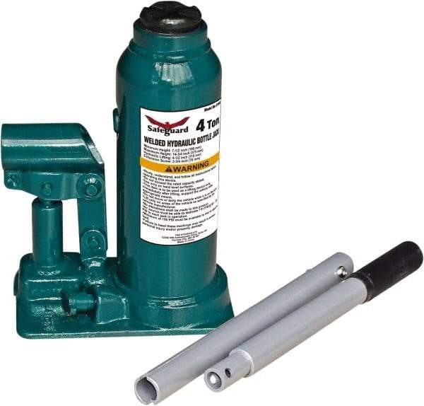 Safeguard - 2 Ton Capacity Hydraulic Bottle Jack - 7-1/2" to 14-3/8" High, 4.53" Piston Stroke, 2-3/8" Screw Length, 0.55" Screw Diam, 0.79" Plunger Diam, 2-1/2" Long x 4-15/16" Wide Base - A1 Tooling