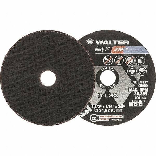 WALTER Surface Technologies - 2-1/2" 24 Grit Aluminum Oxide Cutoff Wheel - 1/16" Thick, 3/8" Arbor, 30,350 Max RPM, Use with Die Grinders - A1 Tooling