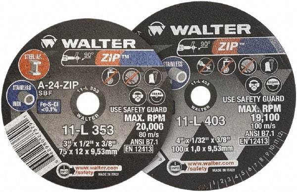 WALTER Surface Technologies - 2" 60 Grit Aluminum Oxide Cutoff Wheel - 1/32" Thick, 3/8" Arbor, 30,600 Max RPM, Use with Die Grinders - A1 Tooling